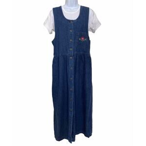 Vintage 80s 90s Denim Pinafore Overall Preppy Cottage Boho Jumper Dress S/M